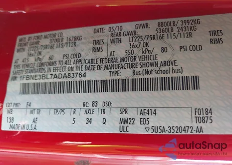 2010 Ford E-350 Super Duty Xl/Xlt из США, поврежденный, VIN 1FBNE3BL7ADA83764